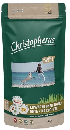 Christopherus Grainfree, helfoder för vuxna hundar med normal aktivitet, torrfoder, anka + potatis, krokettstorlek ca 1 cm, vuxen hund, 4 kg