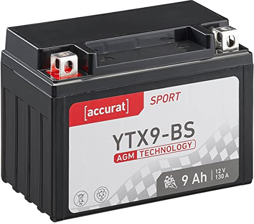 Accurat Motorradbatterie YTX9-BS - 12V, 9Ah, 130A, rüttelfest, wartungsfrei - Starterbatterie, AGM Batterie in Erstausrüsterqualität für Rasentraktor, Roller, Motorrad, Quad