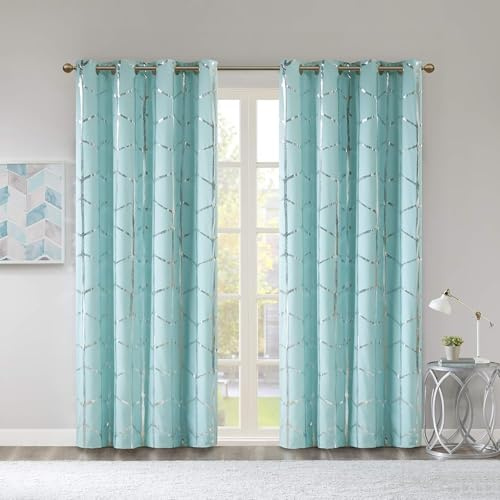 Intelligent Design Raina Total Blackout Metallic Print Grommet Top Single Curtain Panel Thermal Insulated Light Blocking Drape for Bedroom Living Room and Dorm, 50x84, Aqua/Silver 1 Piece