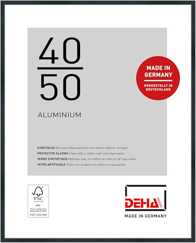DEHA Design Aluminium Bilderrahmen Tribeca, 40 x 50 cm, Schwarz | Aluminium Posterrahmen im Hoch- & Querformat zum Aufhängen Schwarz gebürstet bruchsicheres Kunstglas