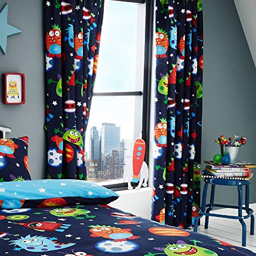Happy Linen Company Kids Boys Girls Space Monsters Planets Glow In The Dark Blue 66 x 72 Pencil Pleat Curtain Set