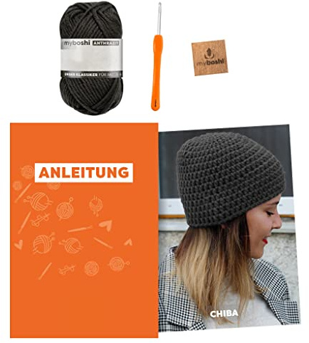 myboshi Häkelset Mütze Chiba, inkl. No.1 Wolle, Nadel und Anleitung, für Mützen und Schals, Häkelpaket, 30% Merinowolle Grau, mit Häkelnadel
