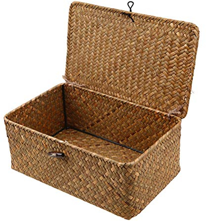 Esoes Aufbewahrungskorb aus geflochtenem Rattan, Aufbewahrungsbox mit Deckel, Seegras, Wäschekörbe, Make-up-Organizer für Badezimmer, Wohnzimmer, Küche