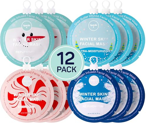 SpaLife Beauty Winter Skin Christmas Face Mask Bundle | Korean Facial Masks | Hydrating, Moisturizing and Firming Sheet Mask Set | Christmas Gifts for Women | 12 Pack