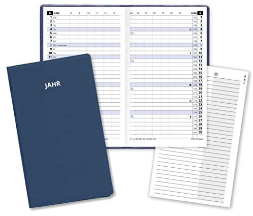 Monatstaschenkalender für das Jahr 2026 Classica Taschenplaner mit Monatsübersicht in Blau mit 8-seitigem Adressheft und PVC Einband in Blau