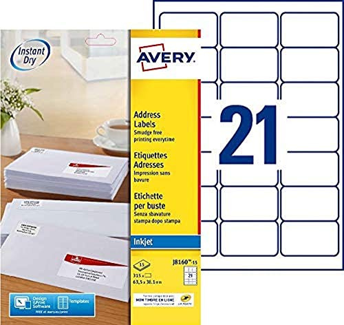 AVERY - 315 st självhäftande adressetiketter, anpassningsbara och utskrivbara, vita, 63,5 x 38,1 mm, bläckstråleskrivare (J8160-15)