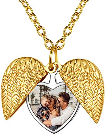 Ali d'Angelo Cuore Collana Apribile con Foto Personalizzata - Ciondolo Portafoto Regalo per Festa della Mamma e San Valentino