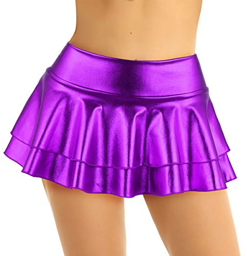 iEFiEL Damen Wetlook Rock Kurze Minirock Shiny Metallic Plisseerock Mini Skater Rock Low Rise Röcke mit 2 Lagen Tutu Party Karneval faschingskostüm Violett XXL