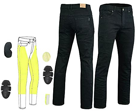 Bikers Gear Black Stetch Jeans da Moto da Uomo, Elasticizzati, Comodi, Foderati in Kevlar, con Armatura CE Rimovibile, Nero, 48