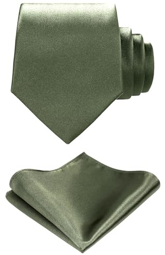 TIE G Solid Satin Woven dyed Color Formal Black Necktie and Pocket Square Sets in Gift Box (Olive Green)