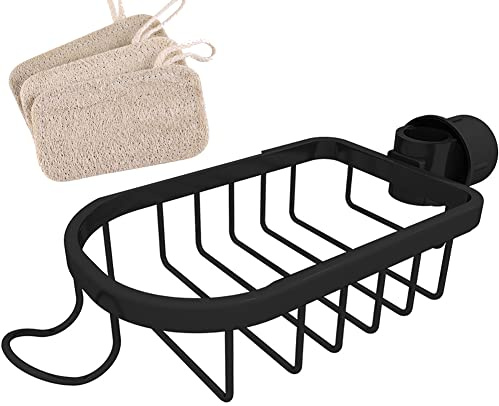 JKMQA Spülbecken Organizer Schwammhalter Küche,Weltraum-Aluminium für Spülutensilien Spültuch,Spülablage Caddy Ordnungshelfer,Wasserhahn Lagerregal Metall,mit 3 Stück Luffa-Schwamm,Weltraum-Aluminium