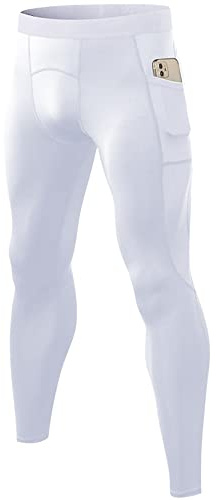 Pantalon de compression thermique pour homme avec poche pour téléphone - Legging de course à pied - Pour yoga, entraînement, blanc, Taille L