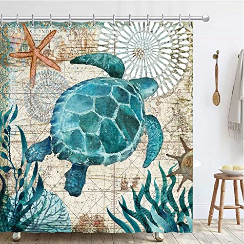 Hykiee Duschvorhang 180X180cm, Anti-Schimmel Duschvorhänge mit 12 Duschvorhängeringen, Shower Curtain Dusch Vorhang Blickdicht, Waschbar, Wasserdicht für Badewanne und Dusche (Meeresschildkröte)
