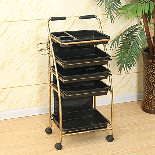 Friseurwagen Gold Retro Salon Lagerwagen mit 4-5 Schubladen Schwarz,mit Fönhalter Friseur Rollwagen Haare Spa Ablagefach Arbeitswagen Rollwagen Stapelboy 29X41X88CM