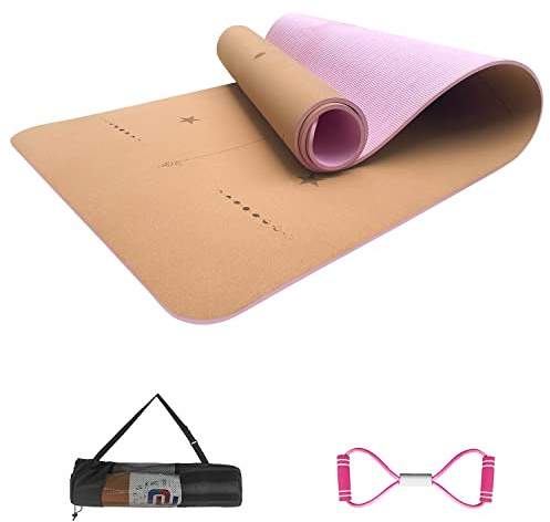 Numat Yogamatte aus Kork, 6 mm dick, 182,9 x 61 cm, schweißfest, rutschfest, umweltfreundlich, leichter TPE-Schaumstoff mit Ausrichtungslinien, ideal für Hot Yoga, Pilates, Fitnessstudio und Training,