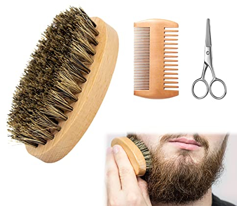 Bartkamm,BartbüRste mit Wildschweinborsten,Comb Set,Bartschere,Bartschere,Bartkamm aus Holz,Taschen BartbüRste,Wildschweinborsten und Comb Set,3pcs (L, stück, 3)