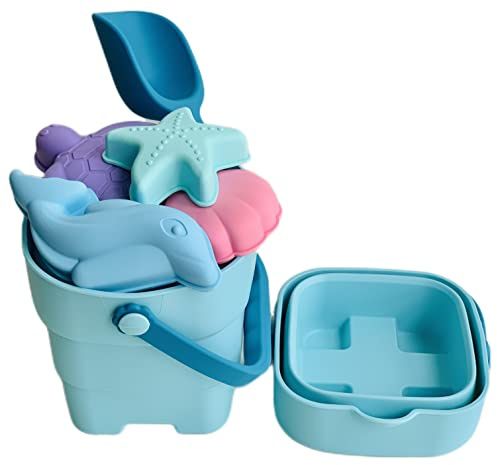 Foldable Beach Bucket Toy Set (6 pieces) - Silicone Collapsible Beach Toys for Kids, Scrunch Bucket, Castle, Sea Animals Molds, Toddler Travel Sand Toys set, Sandbox Toy (Blue)