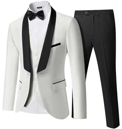 YND Men's 3 Piece Slim Fit Tuxedo Suit Set, One Button Shawl Lapel Solid Blazer, Jacket Vest Pants with Bow Tie, White
