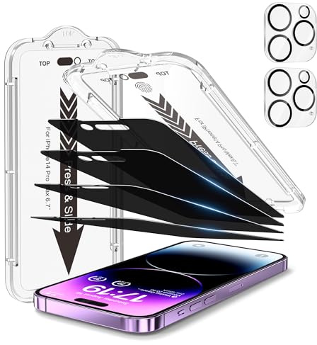 EZ-GLAZ- 4 Pack for iPhone 14 Pro Max Privacy Screen Protector[6.7] With 2 Pack Camera Lens Protector, [Drop Protection] 9H Hardness Full Coverage Anti-Spy Tempered Glass Film, Easy to install