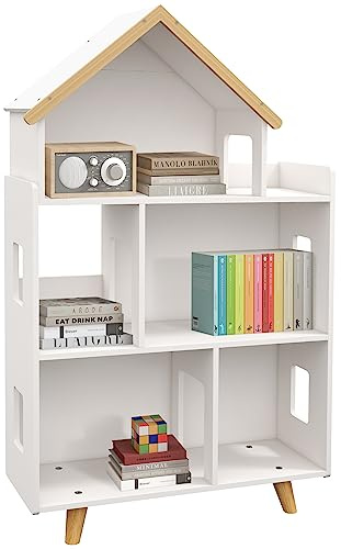 ZONEKIZ Libreria per Bambini 3-6 Anni a 3 Livelli per Libri e Giochi, in MDF e Legno di Pino, 65x25x108.5 cm, Bianco