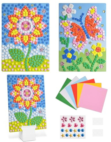 AUAUY Mosaik-Set für Kinder, Sonnenblume&Schmetterling, DIY Diamanten | Mosaics Travel Pack, Mosaike Glitter Moosgummi Mosaik-Bild, Kinder Bastelset Geschenke für Mädchen Jungen Basteln ab 4 Jahre