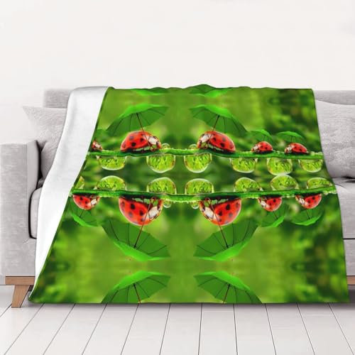 HAHAFU Lustige Marienkäfer mit Regenschirmen, personalisierte Decke, bedruckt, weiches Flanell, warm, große Überwurfdecke für Bett, Sofa, 200 x 150 cm