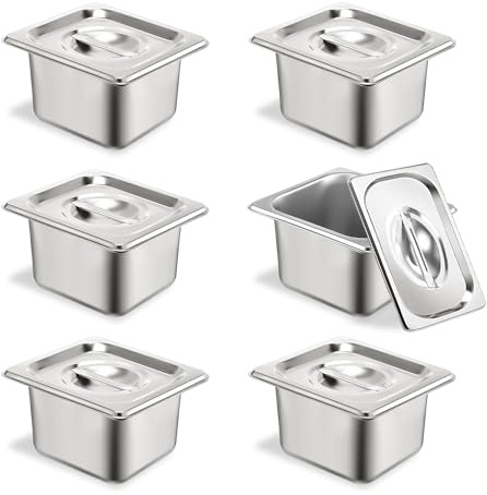 TSUBOR 6 Set Stainless Steel Hotel Pans 1/6 Size 4 Inch Deep With Lids, Anti-Jam Chafing Steam Table Pans, Catering Food Storage Metal Pan