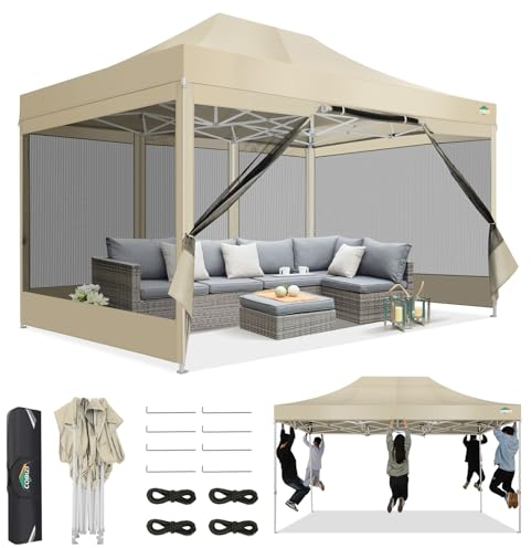 COBIZI Pavillon 3x4,5,Faltpavillon 3x4,5 Wasserdicht Stabil,Pavillon Faltbar Anti-UV mit Mesh-Seitenwände,Pavillion für Camping Events, Partyzelt Gartenzelt mit Tragetasche(3 mal 4,5m Khaki)