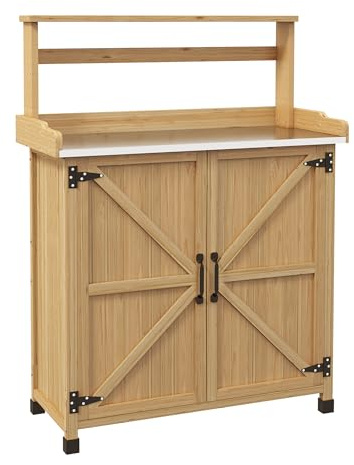 Outsunny Table de Rempotage, Table de Jardinage Style Rustique avec Placard et Étagères et Plateau Galvanisé, Patins Antidérapants, en Bois Sapin Pré-Huilé, Dim. 90,5L x 41l x 124,5H cm, Jaune