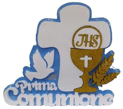 Scritta Prima Comunione con Croce e Calice Fondo Azzurro Decorazioni Centrotavola 35 x 25 x 5 cm.