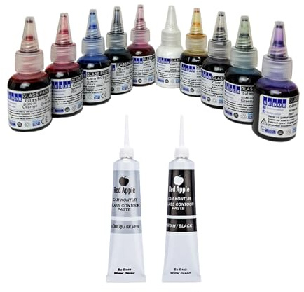 SÜDOR Vitrail Lot de 2 peintures pour Verre à séchage Rapide Convient pour la décoration (10 Couleurs x 25 ML et Peinture Contour (2 x 20 ML)