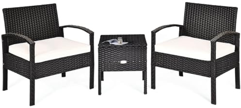 LIFEZEAL Juego de Muebles de jardín de poliratán, 3 Piezas, Conjunto de sillas de balcón con Mesa de ratán, Grupo de Asientos de jardín con Cojines de Asiento para Piscina y terraza