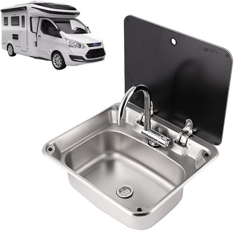 Fregadero Camper, Fregadero Multifuncional, Fregadero de Acero Inoxidable con Grifo Plegable para Agua Fría y Caliente y Tapa de Vidrio Templado