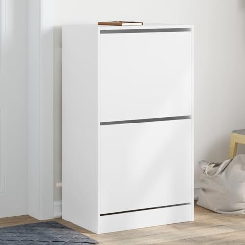 CINDERFUL Schuhschrank mit 2 Klappen Weiß 60x42x108 cm,Schicker Schuhkipper Weiß: Platzsparendes Schuhregal mit viel Stauraum für Jede Wohnung