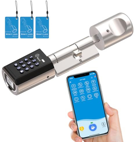 RUILON Cylindre Serrure Connectée Code - IP65 Serrure intelligente porte entree avec 3 Cartes RFID Smart Lock APP Contrôle Bluetooth pour porte de 50-100 mm d'épaisseur Maison Hôtel Airbnb