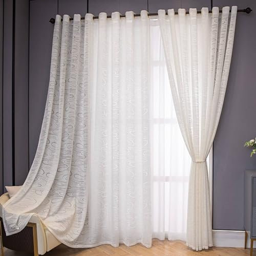 Weiß Vorhänge 2er Set, Gardinenschals mit Schlaufen Halbtransparent 107x132CM Modern Jacquard Gardinen Baumwolle Lichtdurchlässig Schiebevorhänge Wohnzimmer Küche Kinderzimmer