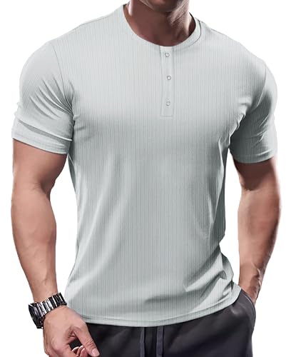 Muhshoiy Herr Muskelskjortor Kortärmad Henley Tröja Smal Passform Ribbad Skjorta för Män Vslappnad Sport Shirt Grå L