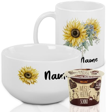 GRAZDesign Müslischale mit Tasse Set mit Namen personalisiert Sonnenblume aus Keramik zum Frühstück als Geschenkset