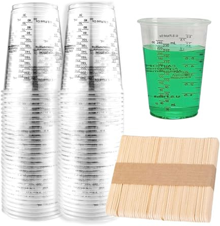 50 Stück Epoxidharz-Mischbecher,50 Stück 240 ml Einweg-Messbecher mit 50 Stück Holzrührstäbchen,Kunststoff-Messbecher, Airbrush Zubehör,Farbmischbecher für Flüssigkeiten, Mischen von Harz,Pigment