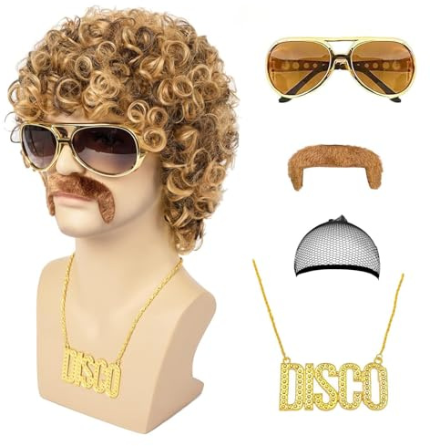 MIVORA 5er Set Herren Perücken 70er Jahre Disco Dude Dirt Bag Halskette Schnurrbart Kurz Lockige Afro Shaggy Perücke Karneval Halloween Party