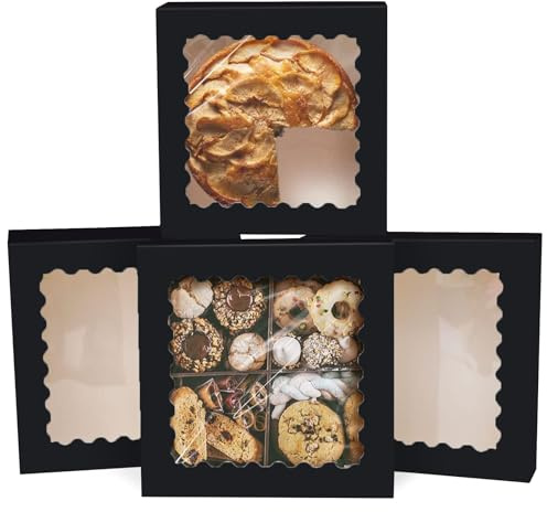 Gcardist Auto-pop Up Schwarz Kuchenboxen mit Fenster 25.4x25.4x6.3cm 12 Stück Keks-Donut-Bäckerei-Box(10x10x2.5 inch)