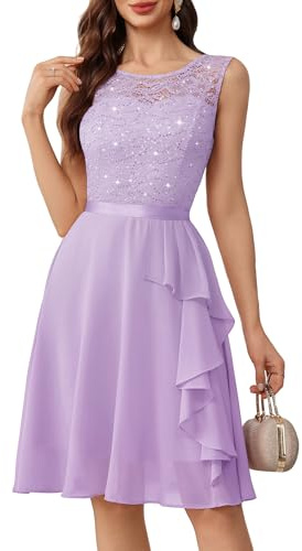 Berylove - Robe avec ourlet à volants - Cocktail pour femme - Élégante pour mariage - Robe de soirée courte, L