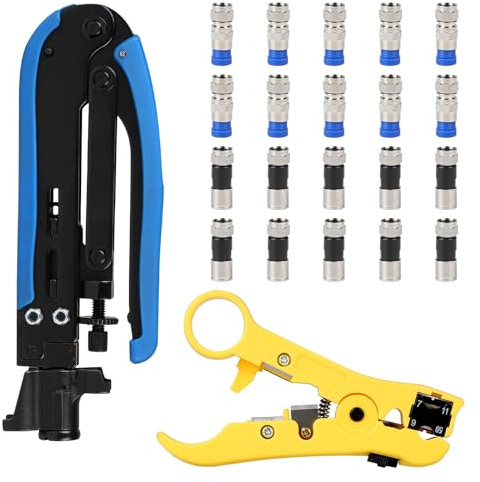 Set de pinzas de compresión, herramienta de desforrado para cables coaxiales, pinza de crimpado y herramienta de desforrado G6 RG59 RG7 RG11, con 20 conectores de compresión F | Pinza de crimpado y herramienta de desforrado G6 RG59 RG7 RG11, con 20 conectores de compresión F
