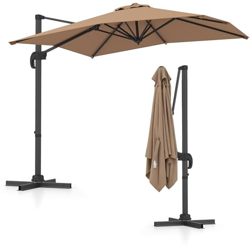 KOMFOTTEU Ombrellone da Giardino 250 x 250 cm Decentrato, Ombrellone da Balcone Inclinabile con Base a Croce, Manovella, Rotazione a 360°, per Arredo Esterno, Cortile e Terrazzo (Marrone)
