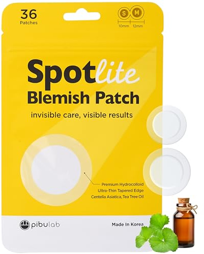SpotLite Pimple Patches – Pack of 36, CICA & Tea Tree Oil Hydrocolloid Spot Patches, Invisible Face Dots for Spot & Acne Treatment, Fast-Acting, Korean Skincare, Stocking Filler Gift Idea, 10 & 12mm