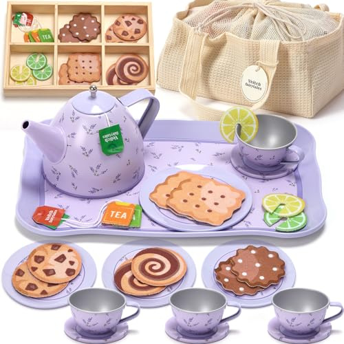 Veitch fairytales Kids Tea Party Set for Little Girl, Tea Sets for Toddler Pretend Play Food Kitchen Toy Accessories Gift for 3 4 5 6 Years Old Girls Boys (Purple)