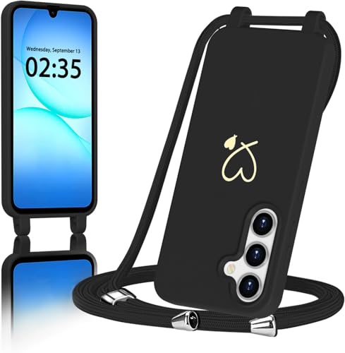 AoozeFon für Samsung Galaxy A17 5G/4G Hülle mit Band, Handyhülle Samsung A17 5G/4G mit Kordel zum Herz, Schutzhülle Handyband mit Umhängen Abnehmbare Weich TPU Liquid Silikon Bumper, Schwarz