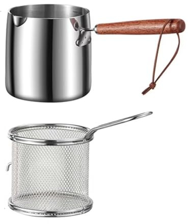 Pentola per il latte con manico singolo in legno,set di pentole con cestello filtrante,pentola in acciaio inossidabile 304 per fornello a gas/piano cottura a induzione,friggitrice 900ml con beccuccio
