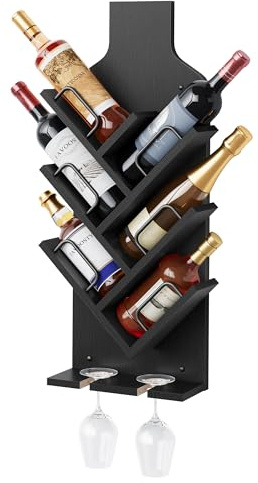 FAVOOSTY Estantería Botellero de Pared para 6 Botellas de Vino, estantes de Pared para presentar y almacenar Botellas de Vino con Soporte para Copas, estantería de Madera para, Bodega, Bar, Negro