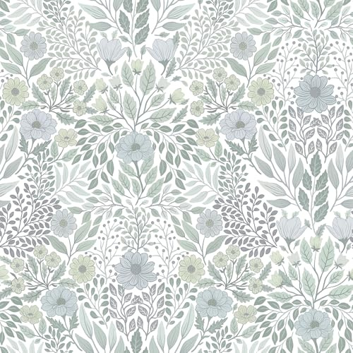 Timeet Selbstklebende Tapete Blumen 44CM×3M Klebefolie Möbel Weiß Grün Möbelfolie Selbstklebend Blatt Blume Tapete Abnehmbar Textur Möbelaufkleber Wasserfest Vinyl Folie für Möbel Küche Schränke Dekor